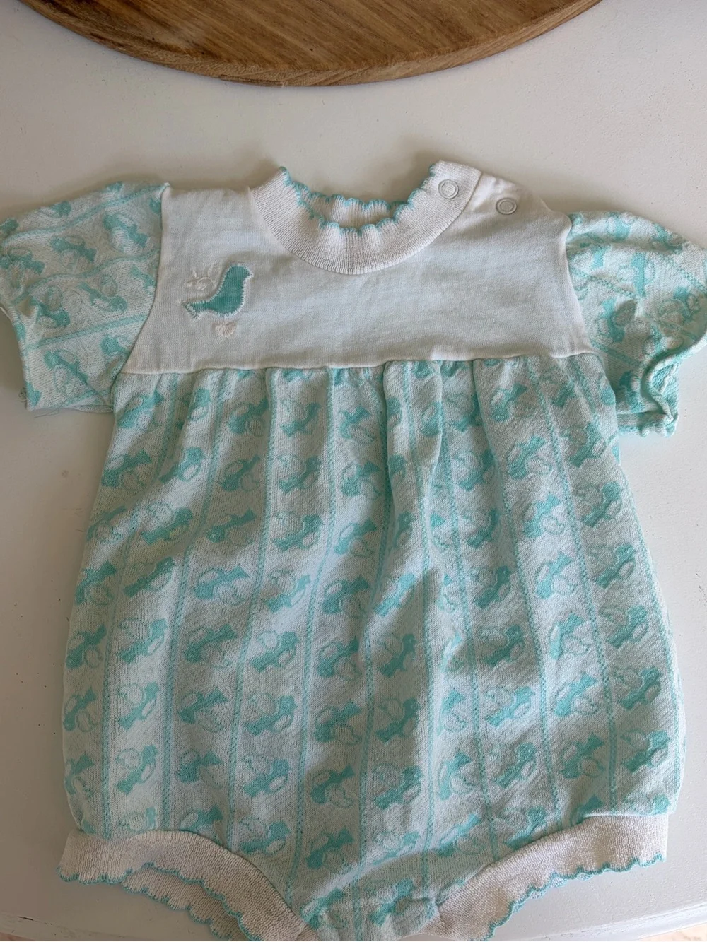 Vintage Baby Knit Romper with Aqua Birds 6-12m